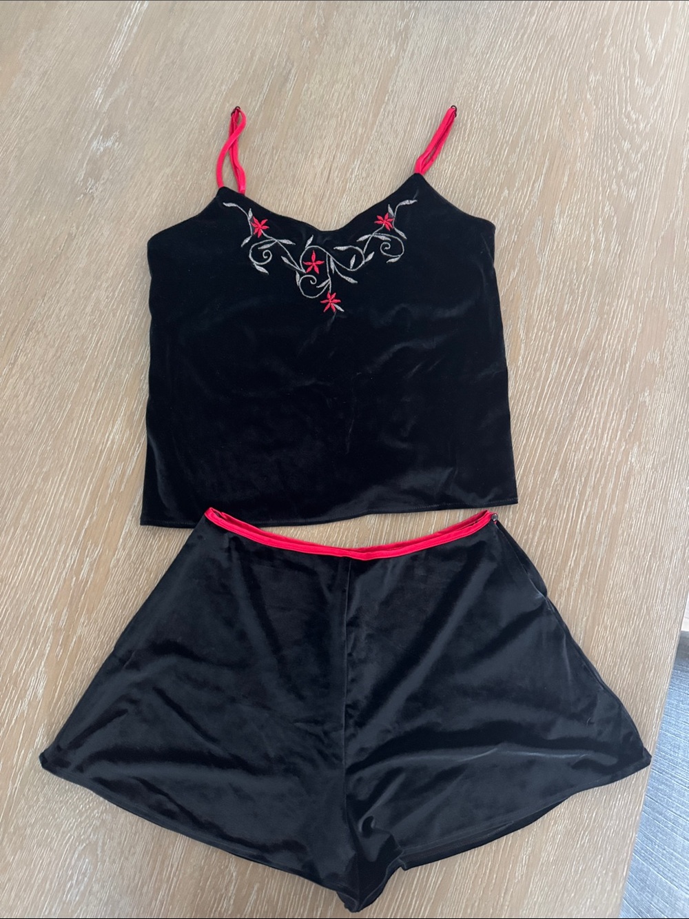 Victoria's Secret Black Velvet Cami & Shorts Set with Red Accents